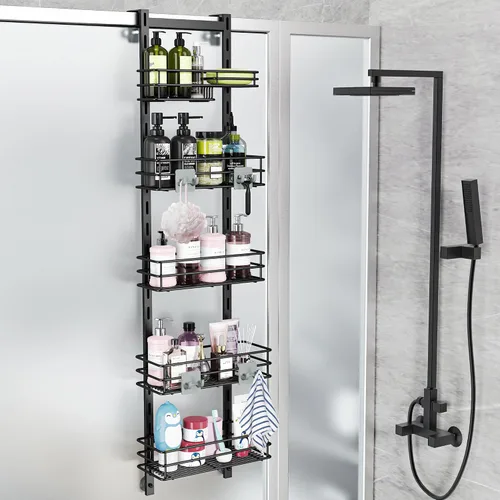 Miniatura 19 de Orimade Organizador de Ducha Sobre la Puerta Ajustable de 3 Niveles Negro, Estante Colgante para Baño a Prueba de Óxido con 4 Ganchos, Organizador