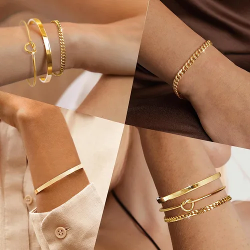 Miniatura 3 de Delicado juego de pulseras de cadena de oro para mujer, chapado en oro real de 14 quilates, pulseras de cadena de eslabones para mujer, pulseras