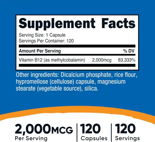 Miniatura 2 de Nutricost Vitamina B12 (Metilcobalamina) 2000mcg, 120 Cápsulas - Cápsulas Vegetarianas, Sin OGM, Suplemento de B12 Sin Gluten