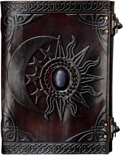 Miniatura 2 de Diario de cuero C Leather con relieve de sol y luna y hermosa piedra azul, cuaderno, planificador, organizador, libro de bocetos, libro en blanco