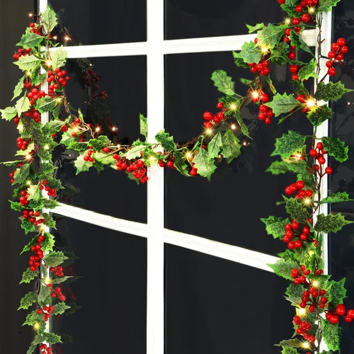 Miniatura 10 de ATDAWN - Guirnalda de Navidad de bayas rojas iluminada de 9 pies, guirnalda de Navidad operada por batería con luces, guirnalda artificial flexible