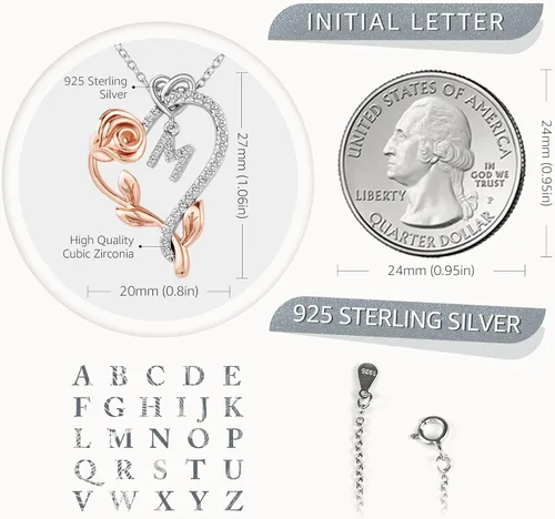 Miniatura 3 de SNZM Initial Necklaces for Women-925 Sterling Silver Rose Heart Letter Pendant Necklace with 5A Cubic Zirconia Dainty Jewelry Birthday Valentines