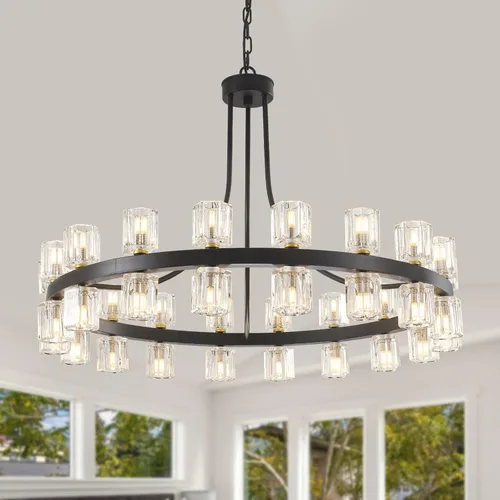 Miniatura 9 de LynPon Candelabro Negro de Rueda de Vagón 119 cm, 16 Luces, Candelabro Moderno de Granja, Candelabro Grande Rústico de Techo Alto Redondo, Fixture