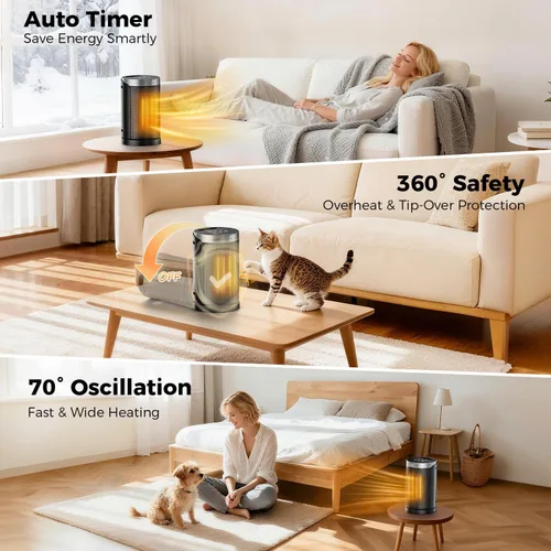 Miniatura 3 de Calentador de espacio de 1500 W para uso en interiores, calentador de cerámica PTC portátil con oscilación de 70°, control remoto, temporizador de 1