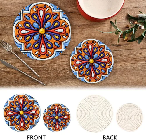 Miniatura 4 de Kigai Salvamanteles talavera mexicanos para ollas y sartenes y soportes para ollas, 2 unidades, tapetes redondos de cuerda de algodón, almohadillas