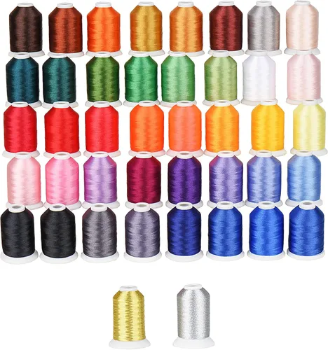 Simthread Hilo para máquina de bordar, 550 yardas, 40 colores Brother y 2 hilos metálicos, colores dorados y plateados para bordar y coser 42 colores