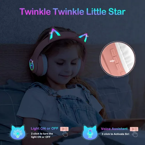 Miniatura 4 de LOBKIN - Auriculares Bluetooth 5.4 para niños con estuche - Orejas de gato plegables con luz LED RGB ajustables y supraaurales, soporte para modo