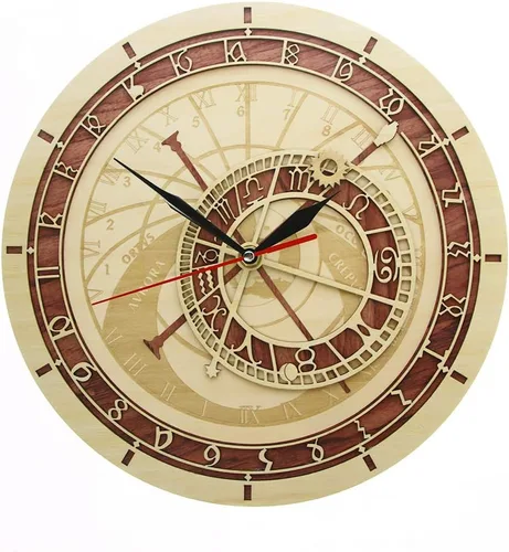 The Geeky Days Reloj astronómico de Praga en madera República Checa Astronomía medieval Arte de pared Astrología Reloj decorativo de pared Obra de
