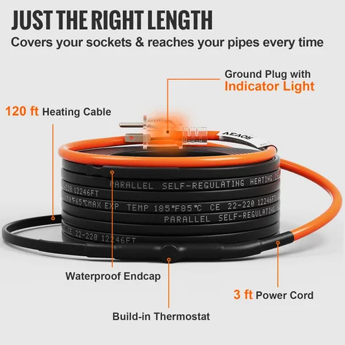 Miniatura 5 de VEVOR Cable de calefacción de tubería autorregulable, cinta térmica de 120 pies de 5 W/ft para protección contra congelación de tuberías, protege