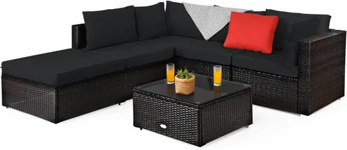Miniatura 15 de Tangkula Patiojoy - Juego de muebles de ratán de 7 piezas, juego de conversación al aire libre con cojines y mesa de centro de vidrio templado