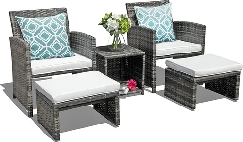 OC Orange-Casual Juego de muebles de patio de 5 piezas, silla de mimbre para conversación al aire libre y juego otomano con mesa auxiliar, almohadas