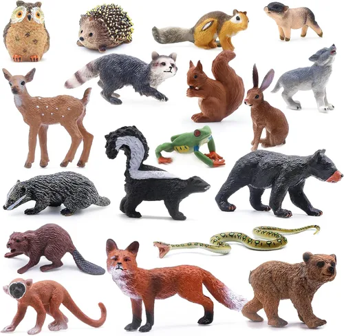 SIENON 18 piezas de figuras de animales del bosque, miniaturas de animales del bosque para bebés con búho, erizo, zorro, ardilla, oso, mono, ciervo,