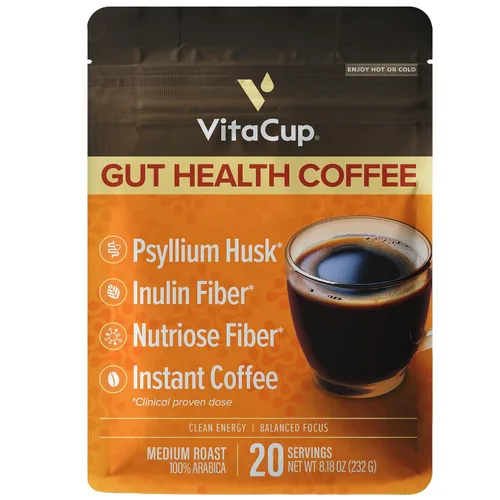 VitaCup Gut Health Instant Coffee, Prebiotic Fiber Blend w/Inulin, Nutriose & Psyllium Husk, Digestive Support, Medium-Dark Roast, 100% Arabica,