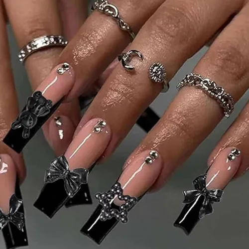 Miniatura 4 de 450 piezas de dijes de uñas de perlas 3D negras de múltiples formas, dijes de perlas planas de COOSLIM, corazones, moños, estilos mixtos, estrellas
