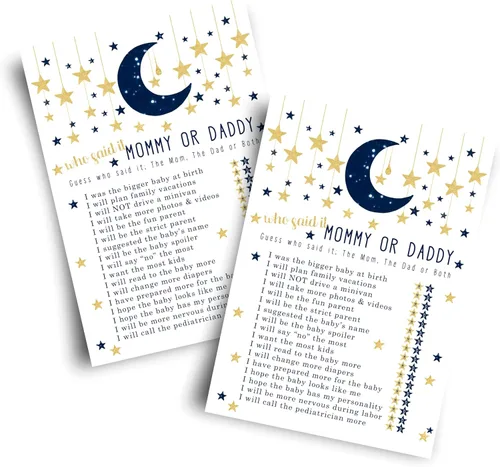 Paper Clever Party Twinkle Little Star - Juegos de baby shower para niños, 25 tarjetas de juego de Adivina quién mamá o papá, divertidas actividades