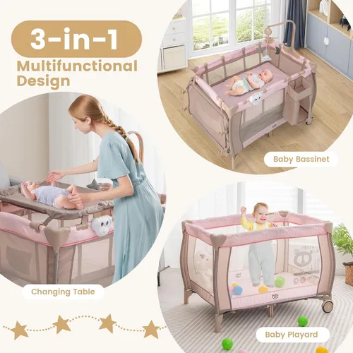 Miniatura 2 de Costzon 3 en 1 Rosa Pack and Play con Moisés, Corralito Portátil para Bebé con Mesa Cambiadora, Caja de Música, Juguetes Giratorios, Ruedas/Freno