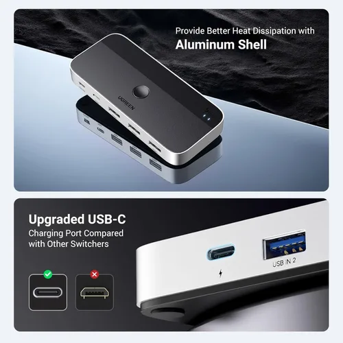 Miniatura 5 de UGREEN Interruptor USB 3.0, 2 Computadoras Compartiendo Dispositivos USB C y A, Selector USB de 4 Puertos Compartiendo Teclado y Mouse, Hub