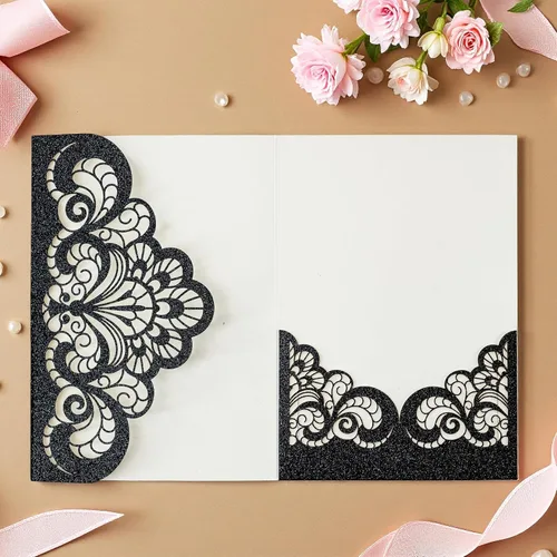 Miniatura 2 de Tarjeta de felicitación, 20 tarjetas de invitación con purpurina negra cortada con láser para bodas, fiestas, cumpleaños, graduaciones, Año Nuevo