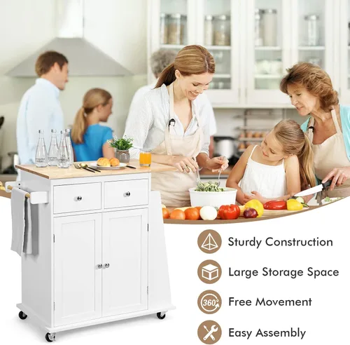 Miniatura 8 de COSTWAY Isla de cocina sobre ruedas, carrito utilitario con estante ajustable, 2 cajones, estante de especias de 3 niveles, toallero, gabinete de 2
