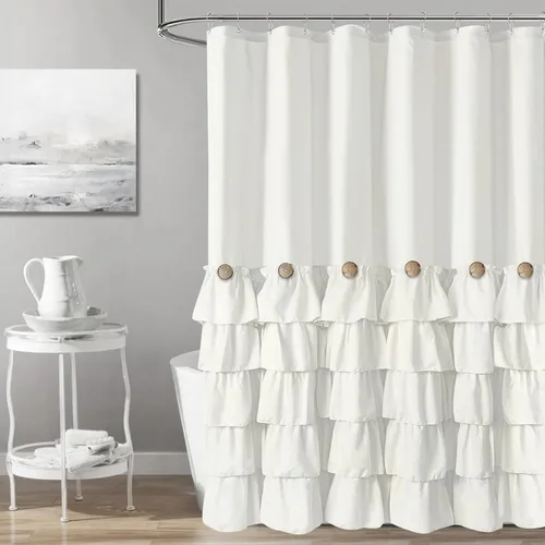 Miniatura 24 de Cortina de ducha Seasonwood de tela blanca con volantes, cortina de ducha estilo granja, cortinas de ducha de 72 x 84 pulgadas con botones y Blanco