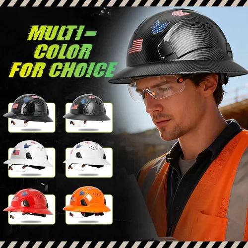 Miniatura 9 de Casco duro de ala completa con patrón de fibra de carbono con visera, casco de seguridad de construcción aprobado por la OSHA para hombres y Fibra