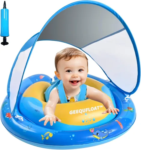 Miniatura 9 de Flotador de piscina para bebé con toldo y consola de juguetes, asiento seguro ajustable, parasol UPF50+ extraíble, flotador de piscina infantil