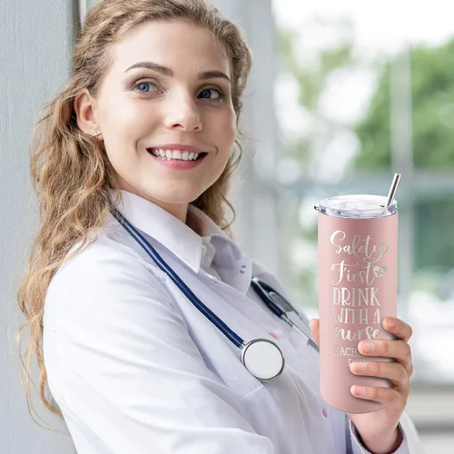 Miniatura 4 de Regalos de enfermera para mujeres, vaso personalizado para enfermera con nombre y especialidad, 20 onzas flacas, blanco, 8 diseños, con cepillo