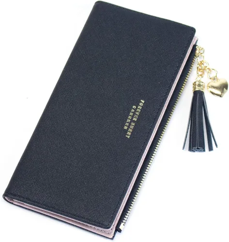 Miniatura 8 de Sumgogo - billetera delgada para mujer, con borlas largas, cierre zipper, monedero, bolso de mano, tarjetero, Negro, Grande, Minimalista