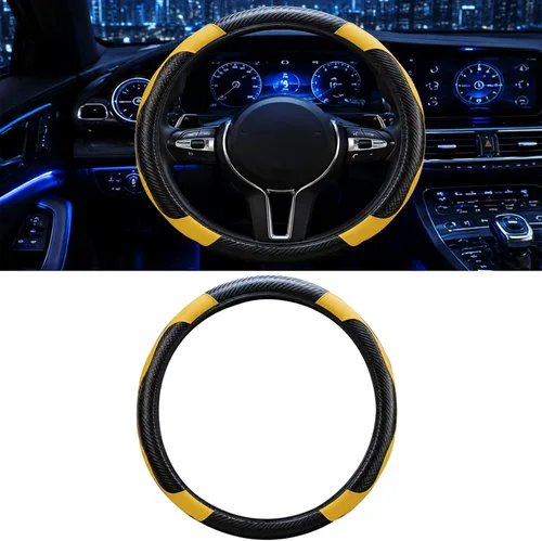 Miniatura 16 de Funda para volante de automóvil, microfibra de fibra de carbono de 15 pulgadas, antideslizante, transpirable, protector elástico para volante