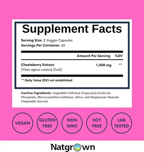 Miniatura 4 de Natgrown Vitex Chasteberry Suplemento para mujeres 1,000 mg - Apoya el equilibrio hormonal y la fertilidad - Agnus Castus Castus Castus Cápsulas