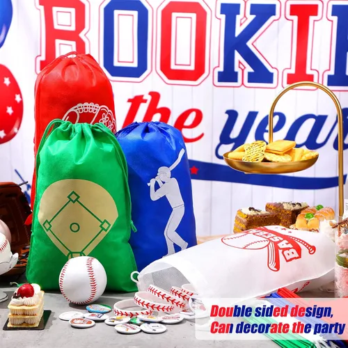 Miniatura 2 de Tondiamo 16 bolsas de béisbol para fiestas de béisbol, bolsa de béisbol con cordón para niños, paquete de golosinas no tejidas para regalo de fiesta