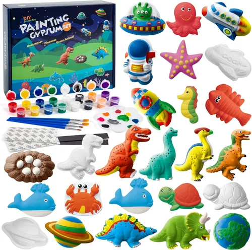 Juboury Kit de manualidades para niños, pintura en yeso, juego de arte para pintar tu propio espacio, dinosaurios y figuras de vida marina, kit de