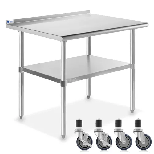 Gridmann. Mesa de preparación y trabajo para cocina comercial, hecha en acero inoxidable con 4 ruedas con protectores contra salpicaduras. Varios