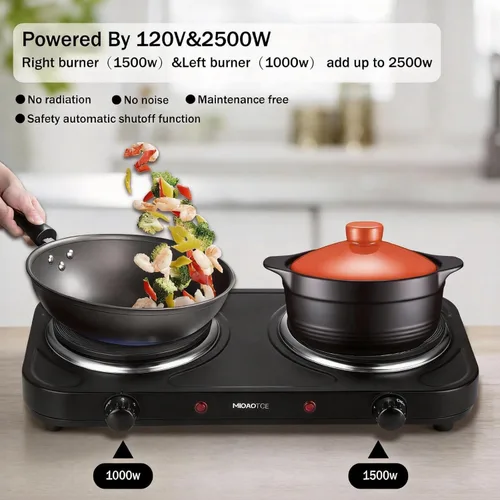 Miniatura 3 de Quemador de hierro fundido doble para encimera, placa eléctrica de 1800 vatios con temperatura ajustable de 6.1 pulgadas, placa de cocina