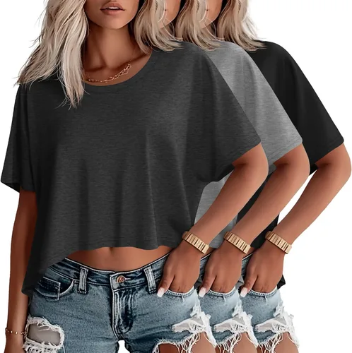 Miniatura 17 de Huukeay Paquete de 3 camisetas recortadas de gran tamaño para mujer, manga corta, holgadas, cuello redondo, holgadas, para entrenamiento