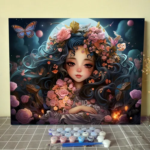 Tucocoo Pintura de ninfa de hadas por números para adultos, principiantes, luna y estrella, pintura por números para niños, corona de rosas, kits de
