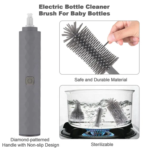 Miniatura 4 de Juego de limpiador eléctrico para biberones, recargable, cepillo de silicona para botellas, limpiador de pezones y pajitas. Cepillo giratorio