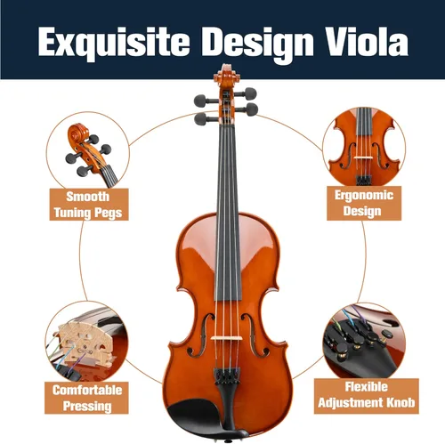 Miniatura 4 de Mendini by Cecilio Juego de viola de madera maciza de 14 pulgadas para principiantes, kit de viola acústica tallada a mano con estuche rígido, arco