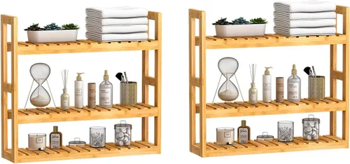 Miniatura 9 de Estante Domax de bambú para baño, 3 niveles de montaje en pared, multifuncional, capa ajustable, de pie, para colocar por encima del inodoro, Marrón