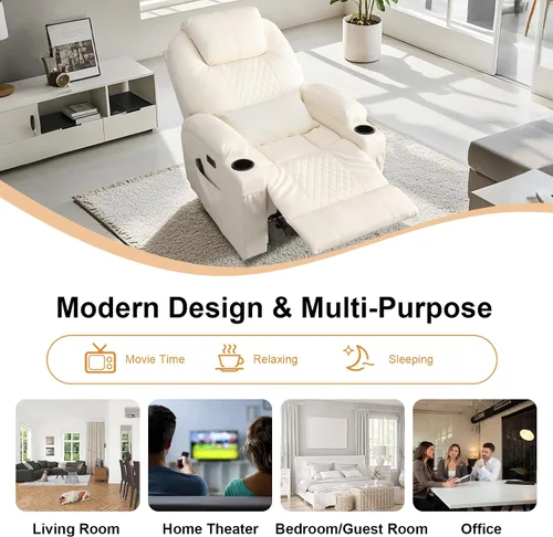 Miniatura 9 de AHMED Silla reclinable eléctrica con masaje por vibración y calor para adultos, asiento de cine en casa de piel sintética con portavasos, luces LED