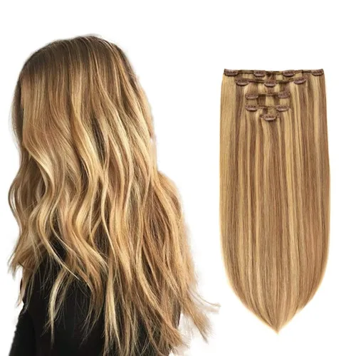 Miniatura 11 de 5 Piezas de extensiones de cabello humano Remy con clip - Extensiones de cabello real sedoso, corto y grueso para mujeres y niñas