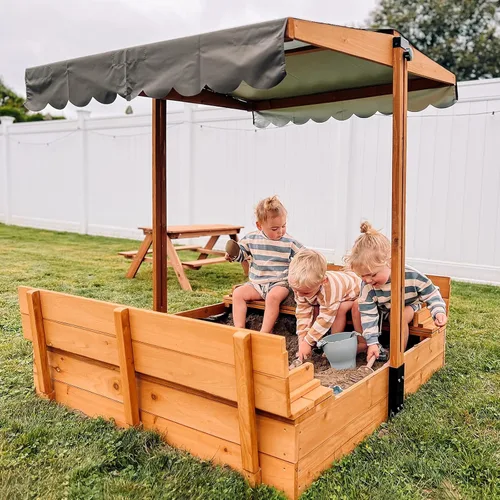 Miniatura 9 de GUTINNEEN Caja de arena de madera con toldo ajustable, caja de arena para niños al aire libre con bancos plegables, forro de arena, techo retráctil