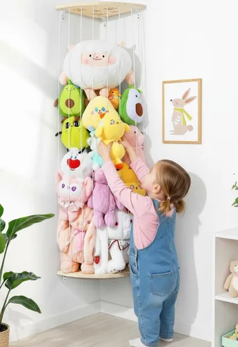 Red de Almacenamiento de Animales de Peluche de Esquina - Organizador de Animales de Peluche de Madera de Altura Ajustable - Soporte de Felpa de