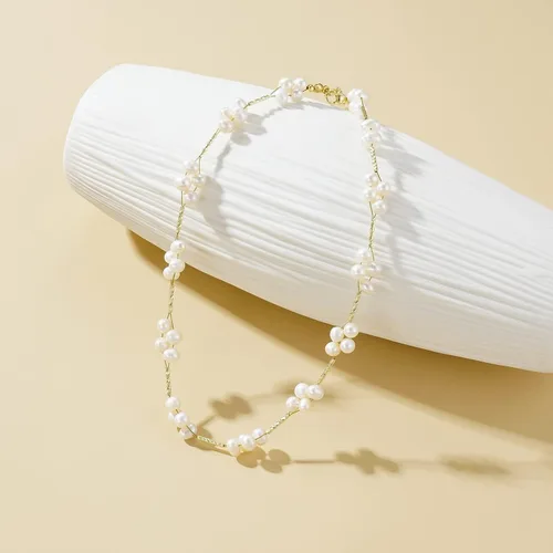 Miniatura 2 de Gargantilla de perlas, chapado en oro de 14 quilates, delicado collar de gargantilla con cuentas para mujeres y niñas, collar de perlas naturales