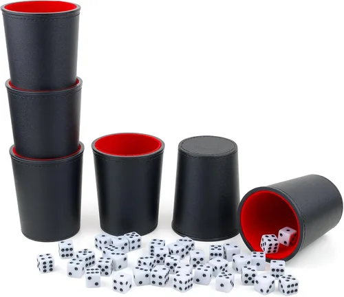 Miniatura 10 de Juego de tazas de dados con forro de fieltro de cuero PU de Reriver, 6 tazas silenciosas mezcladoras de dados con 36 dados para juegos de Bar Party