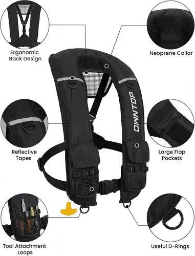 Miniatura 5 de Owntop Chaqueta de natación inflable para adultos, convertible automática/manual, cuello de neopreno, bolsillos grandes con solapa y trabillas