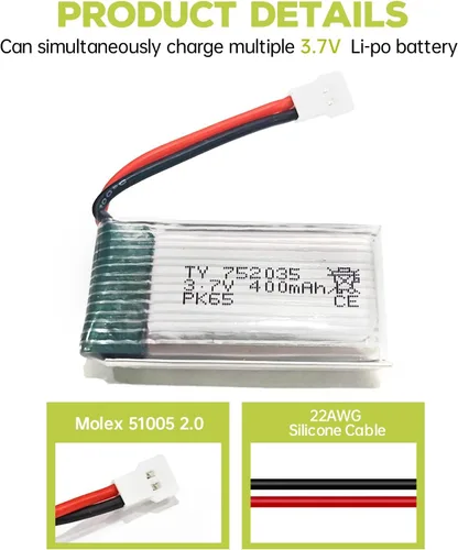 Miniatura 4 de Batería de litio de 5 piezas de 3.7 V 400 mAh con cargador 5 en 1 para SYMA Q11 H99W H31 H6C H98 AT-96 TR-C385 TR-P51 TR-F22 Quadcopter Piezas