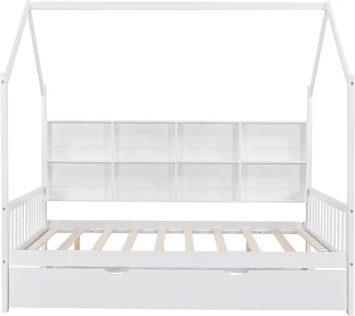 Miniatura 7 de Cama matrimonial con nido, marco de cama matrimonial para niños con estantes de almacenamiento y techo, cama Montessori, cama de tienda, cama