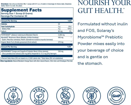 Miniatura 2 de SOLARAY Mycrobiome - Polvo prebiótico para mujeres y hombres, suplementos nutricionales digestivos para la salud del colon y el intestino, fórmula