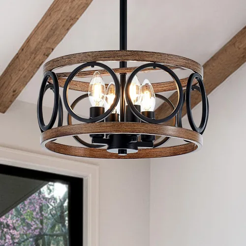 Lámpara colgante de tambor de granja de 4 luces, 12.6 pulgadas, textura de madera natural, candelabros rústicos vintage, lámparas colgantes 12.6in-4
